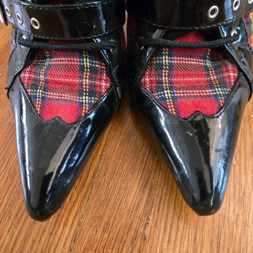 Wicked Plaid Goth Buckle Boots, Sz 6 - Picture 8 of 12